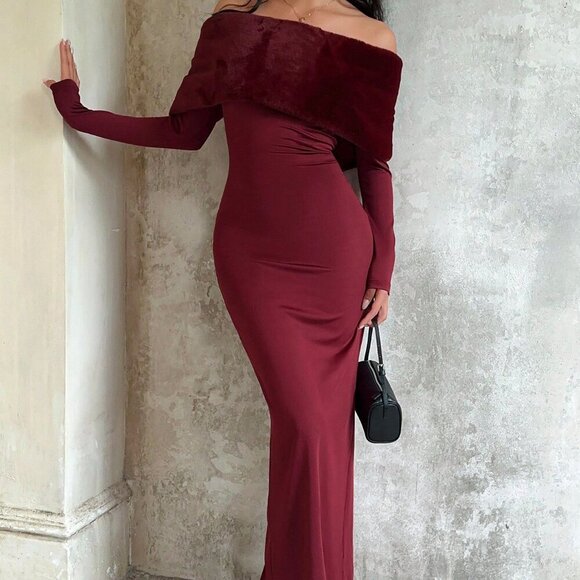 Burgundy Party Women's Luxury Faux Fur Collar Bodycon Backless Slit Dress - Picture 2 of 6